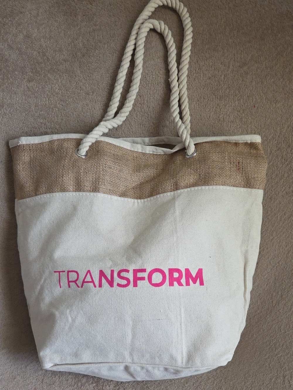 Tan and Cream Canvas Tote with Rope Handles